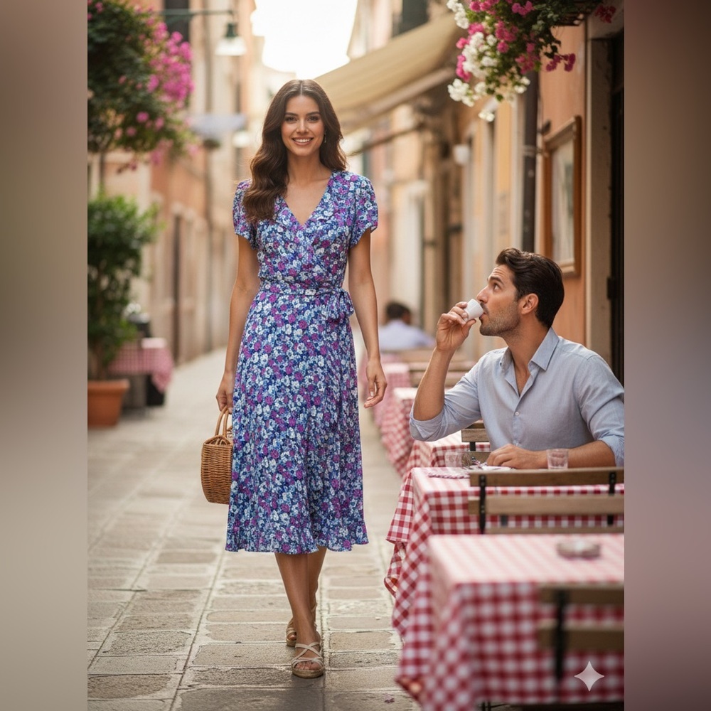 Dressbarn Purple Blue Floral Romantic Ruffle Cottagecore Maxi Dress Size 14